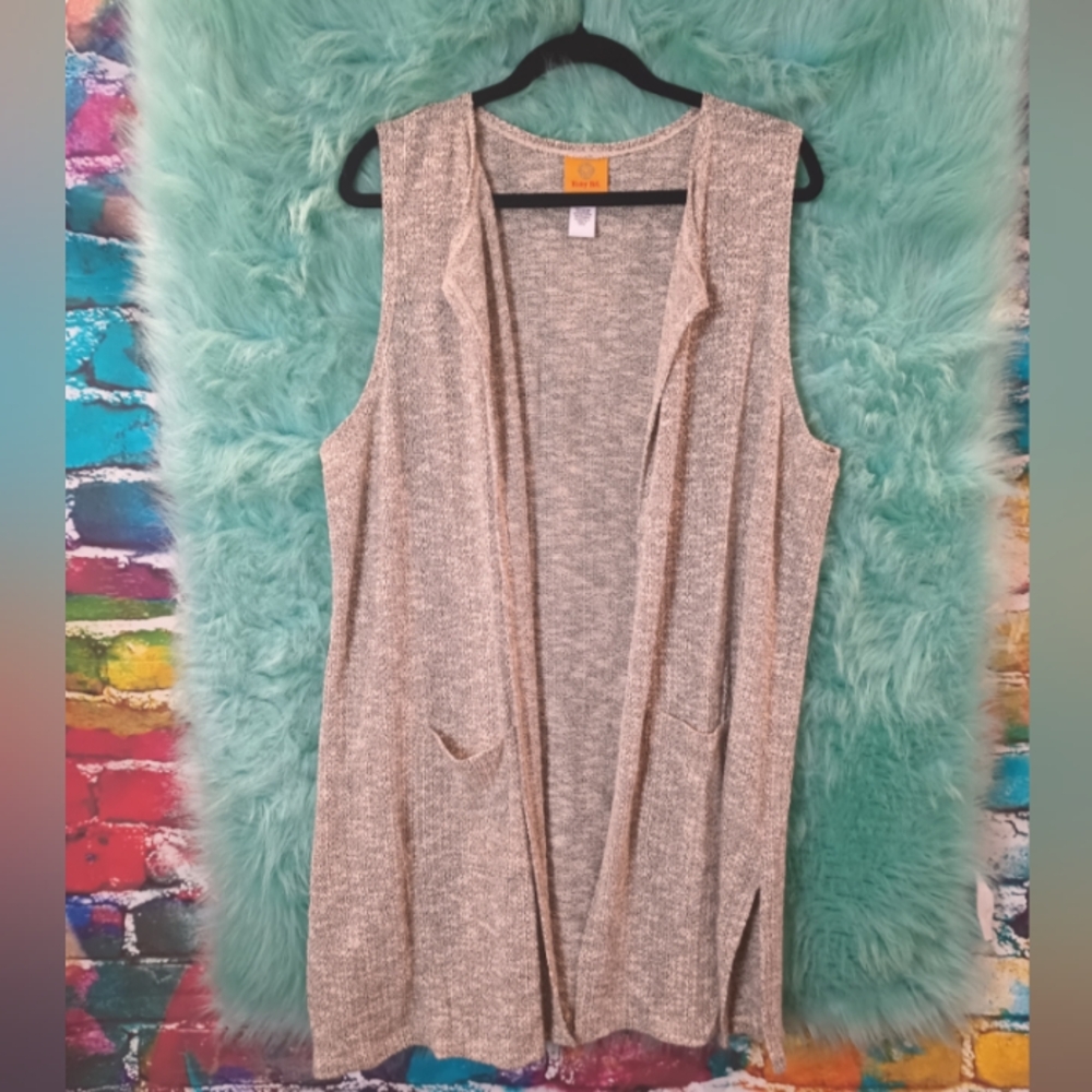 Ruby Rd Gray Silver White Sleeveless Open Front Fall Sweater Size M
